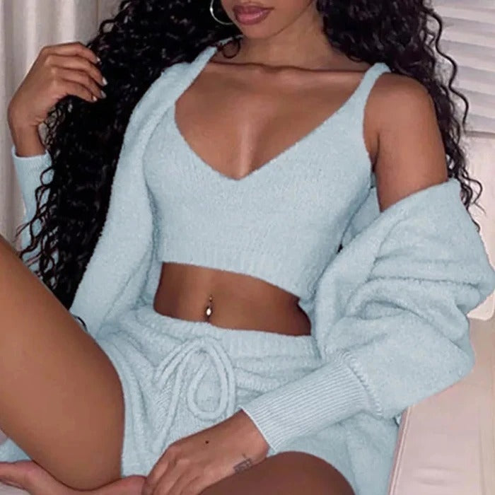 3pcs Womens Clothing Long Sleeve Crop Tank Top And Drawstring Shorts Pajama Set from PurePaws