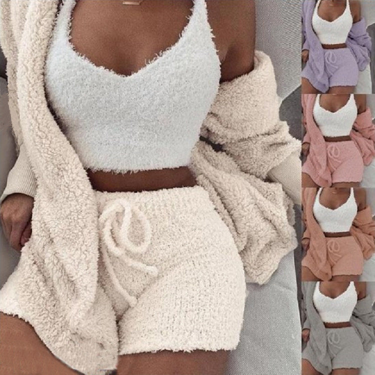 3pcs Womens Clothing Long Sleeve Crop Tank Top And Drawstring Shorts Pajama Set from PurePaws