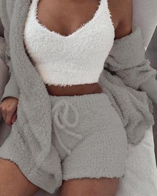 3pcs Womens Clothing Long Sleeve Crop Tank Top And Drawstring Shorts Pajama Set from PurePaws