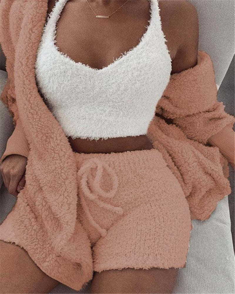 3pcs Womens Clothing Long Sleeve Crop Tank Top And Drawstring Shorts Pajama Set from PurePaws