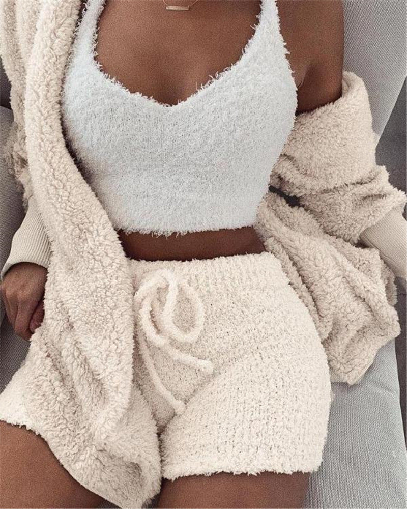 3pcs Womens Clothing Long Sleeve Crop Tank Top And Drawstring Shorts Pajama Set from PurePaws