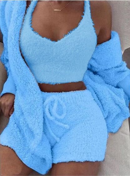 3pcs Womens Clothing Long Sleeve Crop Tank Top And Drawstring Shorts Pajama Set from PurePaws